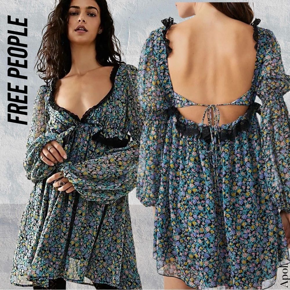 FREE PEOPLE PENNIE FLORAL LACE MINI DRESS BLACK COMBO XS NWOT